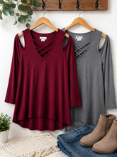 Load image into Gallery viewer, Ella Mara Burgundy Cold Shoulder Crisscross Top