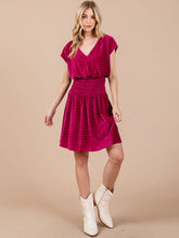 Load image into Gallery viewer, WOMEN'S SHORT SLEEVE V-NECK SMOCK WAIST VELVET MINI DRESS