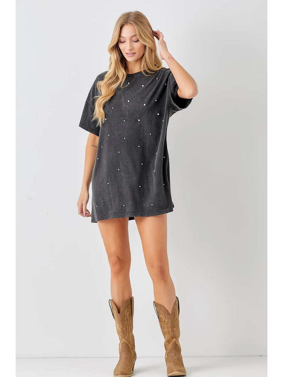 rhinestone shirt dress Sail to Sable Shirt Dress with Rhinestone Button Black / XXS / MH2110
