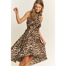 Load image into Gallery viewer, SOFT SATIN ANIMAL PRINT HALTER NECK HIGH LOW HEM MIDI DRESS
