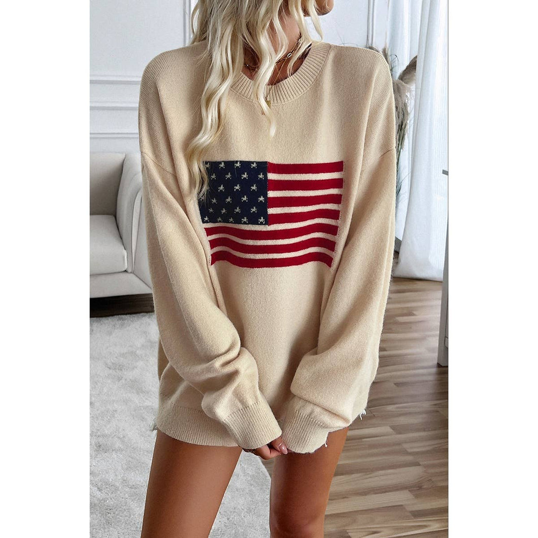 Knit Round Neck Flag Print Loose Fit Sweater