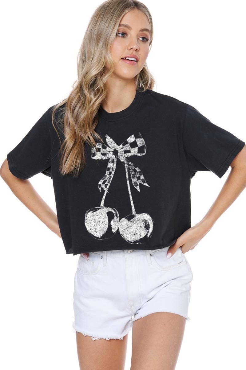 Checkered Bow Cherry Vintage Graphic Tee