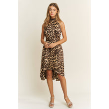 Load image into Gallery viewer, SOFT SATIN ANIMAL PRINT HALTER NECK HIGH LOW HEM MIDI DRESS
