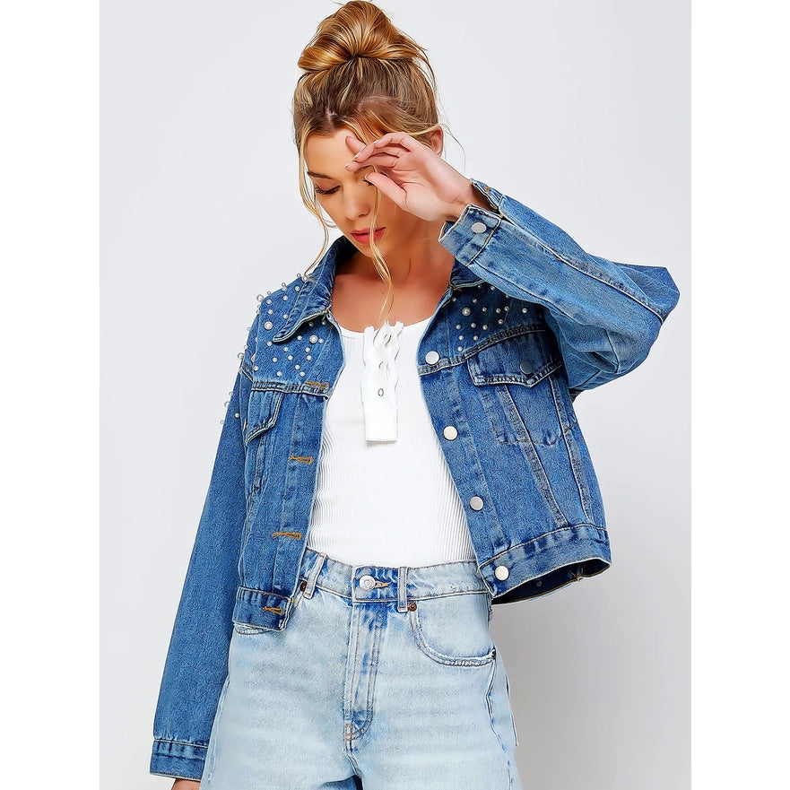 Denim Pearl Studded Jacket