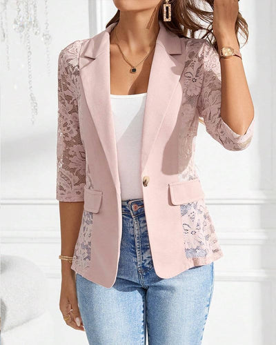 Women's Lapel Neck Lace Patch Sheer Blazer Coat Single Button Flap Night Out Party Spring Casual Office Chic Elegant Outfit