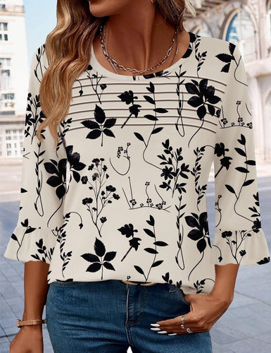 Women's 3/4 Length Sleeve Shirt Ladies Tops and Blouses Round Neck Casual Shirts Dressy Blouses Plus Size Summer Tshirts
