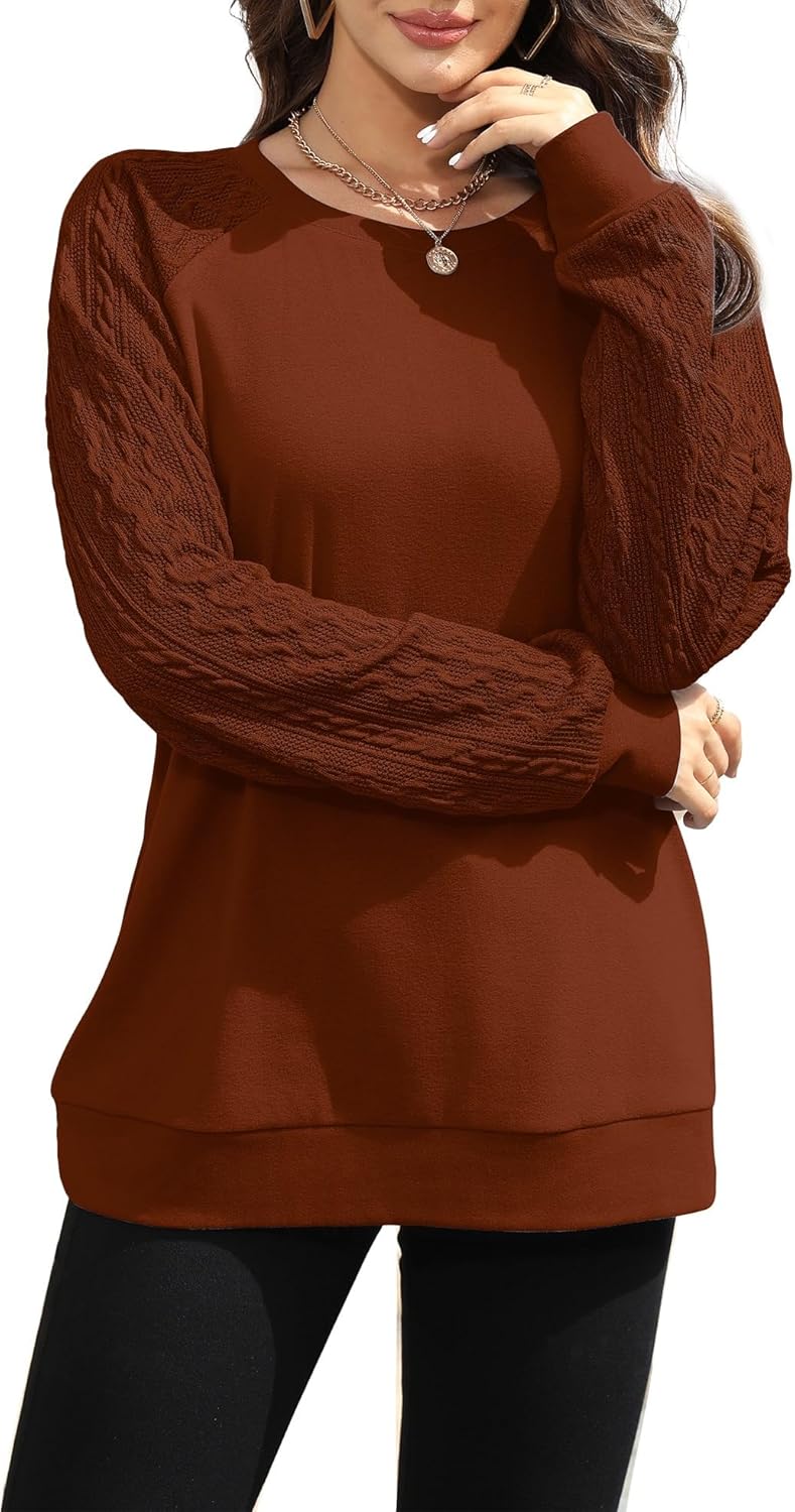 Sweaters for Women Crewneck Cable Knit Sleeve Sweaters Long Sleeve Shirts for Women Lightweight Fashion