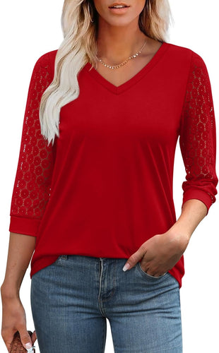 3/4 Length Sleeve Womens Tops V-Neck Lace Tunic Tops Business Casual Blouses 2025
