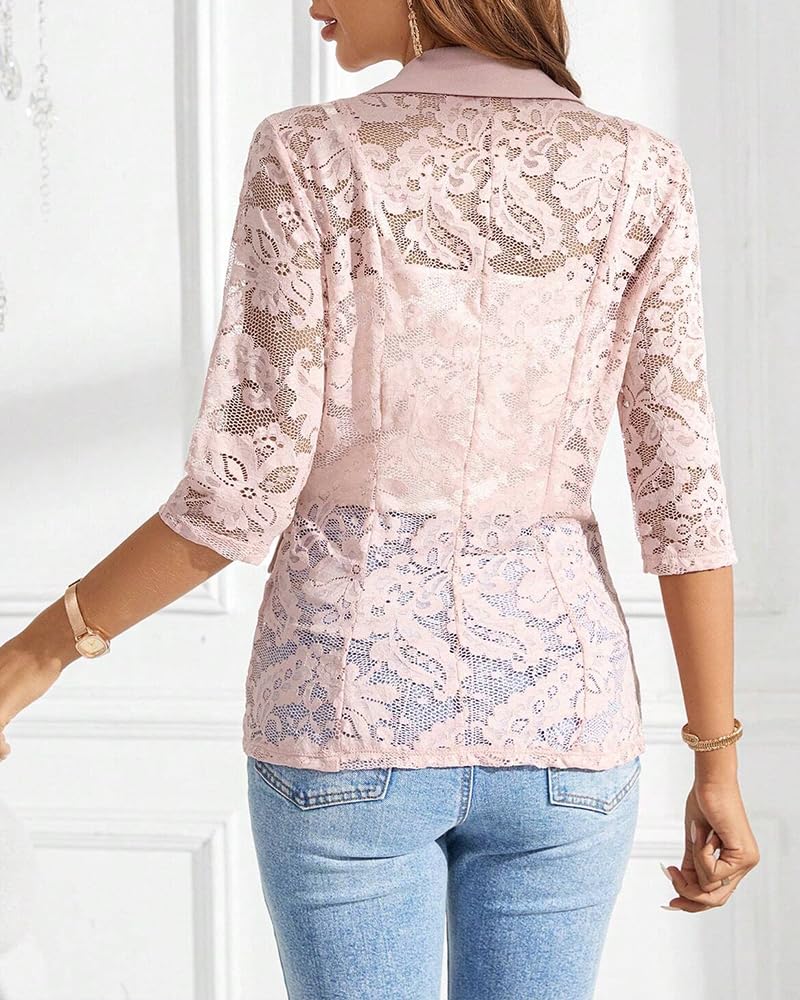 Women's Lapel Neck Lace Patch Sheer Blazer Coat Single Button Flap Night Out Party Spring Casual Office Chic Elegant Outfit