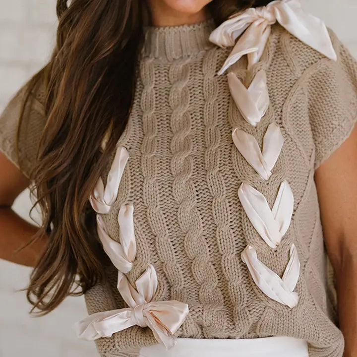 Cableknit Satin Bowknot Sweater