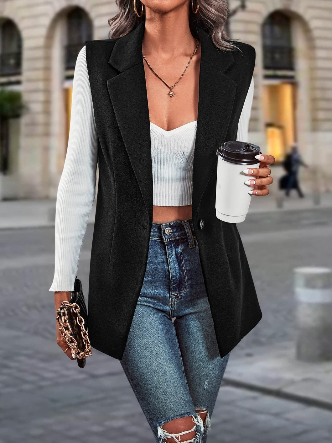 Women's Lapel Neck Button Down Blazer Vest Work Office Sleeveless Jacket