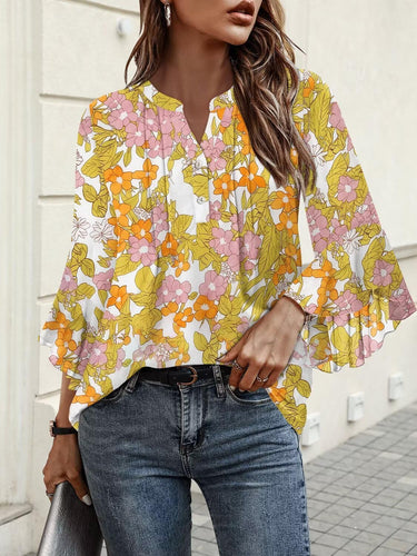 Women's 3/4 Sleeve Tops Plus-Size 2025 Trendy Blouses Ruffle Bell Sleeve Button Dressy Casual Tops