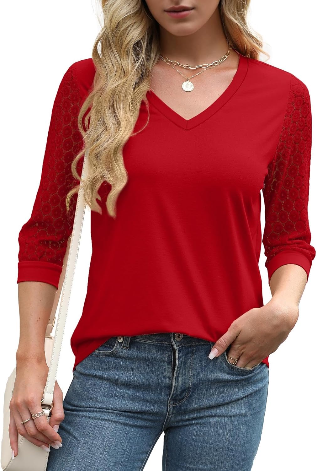 3/4 Length Sleeve Womens Tops V-Neck Lace Tunic Tops Business Casual Blouses 2025