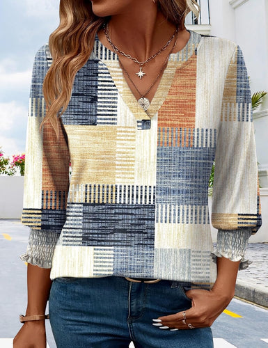 Womens 2025 Fashion Tops 3/4 Length Sleeve Smocked Sleeve Casual Blouse V-Neck Summer Tees