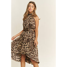 Load image into Gallery viewer, SOFT SATIN ANIMAL PRINT HALTER NECK HIGH LOW HEM MIDI DRESS
