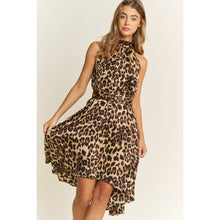 Load image into Gallery viewer, SOFT SATIN ANIMAL PRINT HALTER NECK HIGH LOW HEM MIDI DRESS
