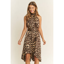 Load image into Gallery viewer, SOFT SATIN ANIMAL PRINT HALTER NECK HIGH LOW HEM MIDI DRESS

