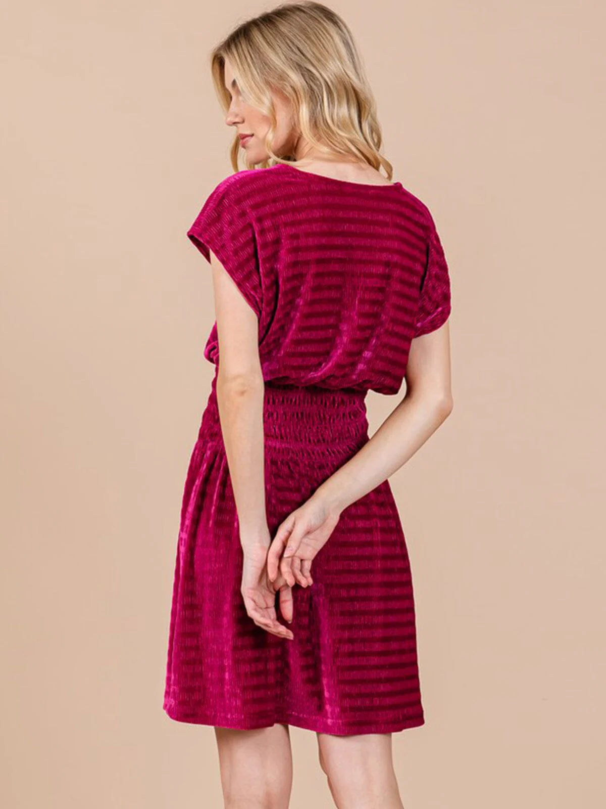 short sleeve velvet mini dress WOMEN'S SHORT SLEEVE V-NECK SMOCK WAIST VELVET MINI DRESS – Divine Style LLC