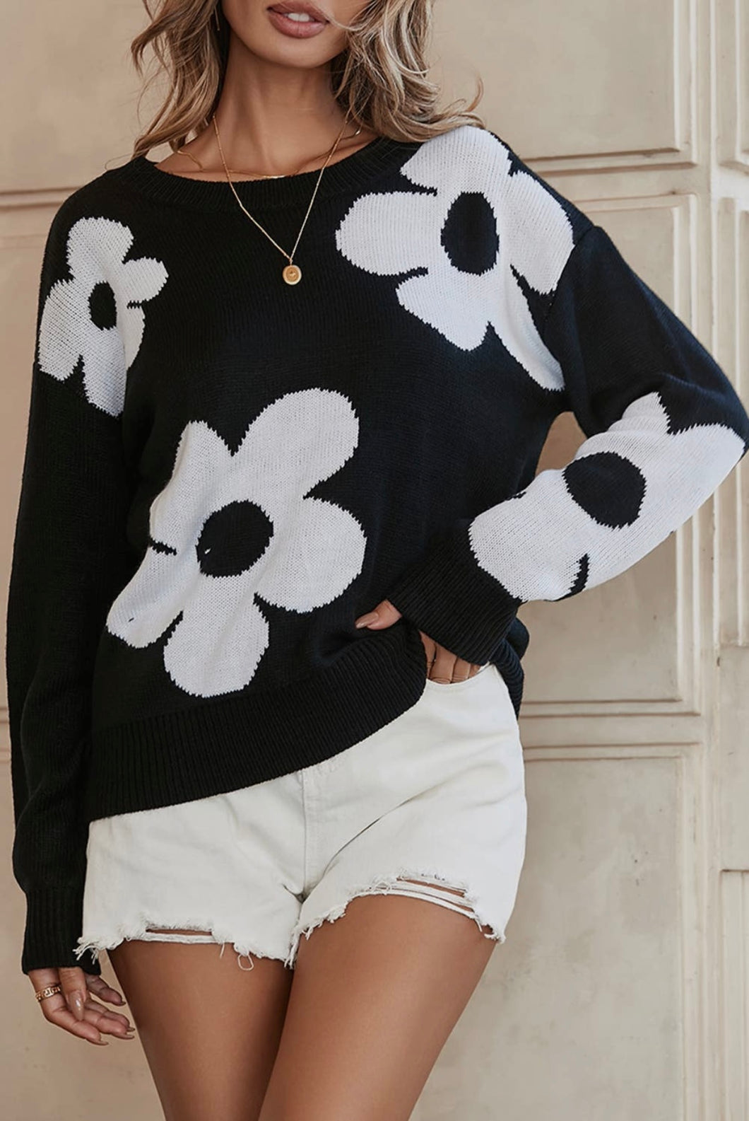 Flower Print Knit Sweater