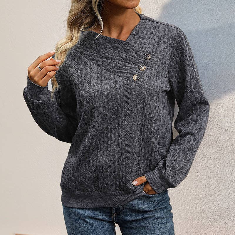 Long Sleeve Grey Pleated Solid Color Sweater