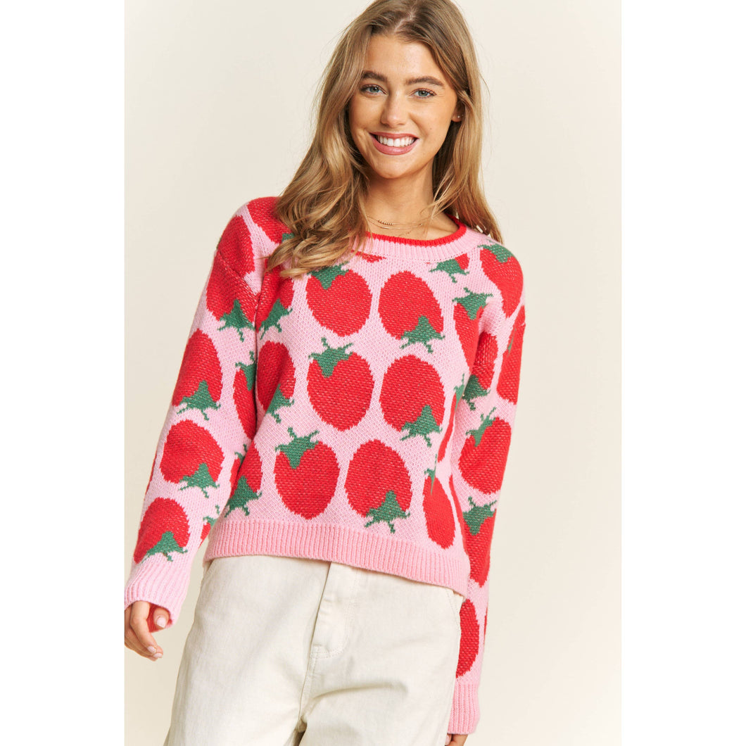 CUTE STRAWBERRY JACQUARD CASUAL PULLOVER SWEATER