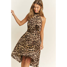Load image into Gallery viewer, SOFT SATIN ANIMAL PRINT HALTER NECK HIGH LOW HEM MIDI DRESS

