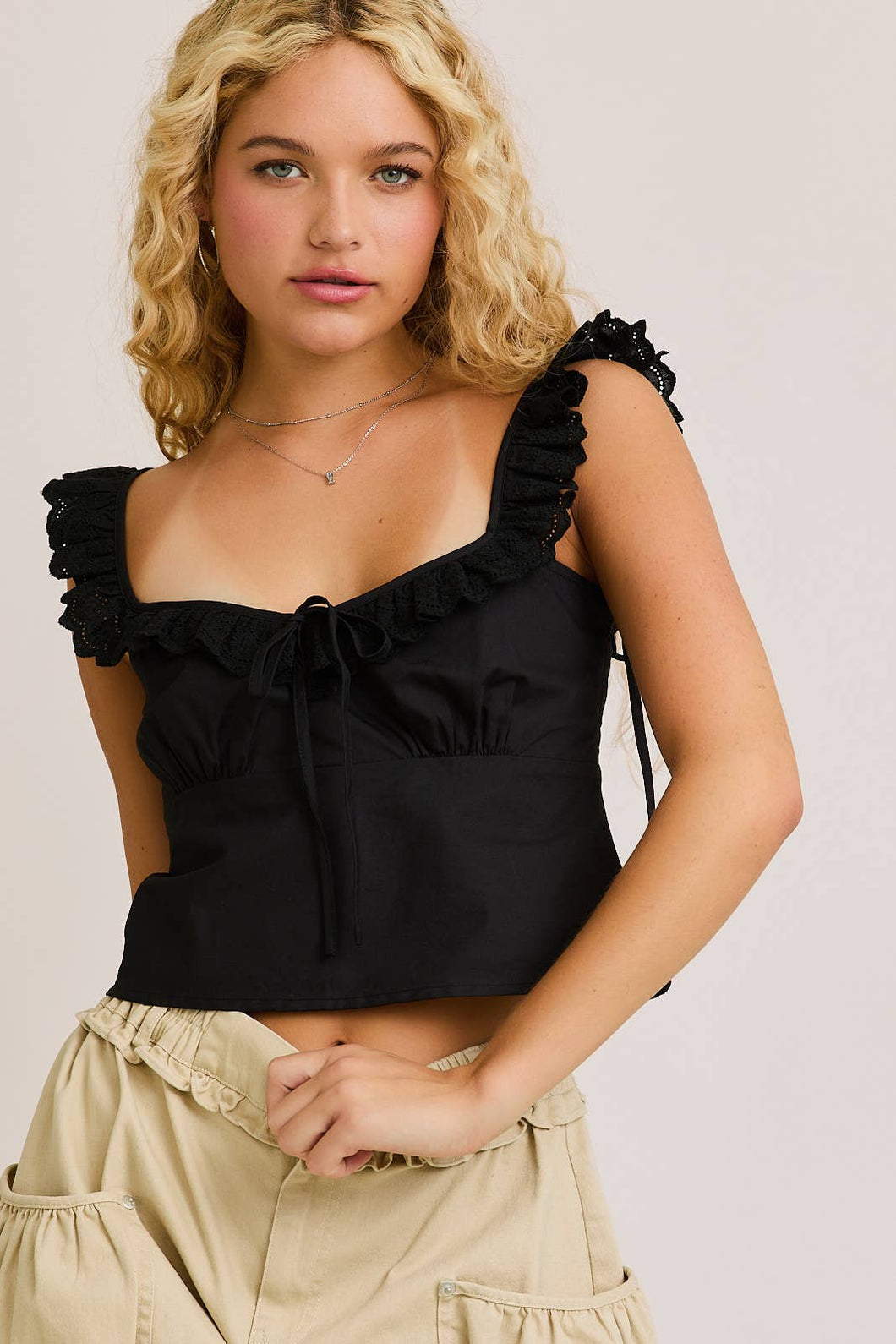 LACE RUFFLE SHOULDER TRIM DETAIL CAMI TOP
