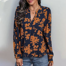 Load image into Gallery viewer, Navy with Floral Long-sleeved Pullover Printed Blouse
