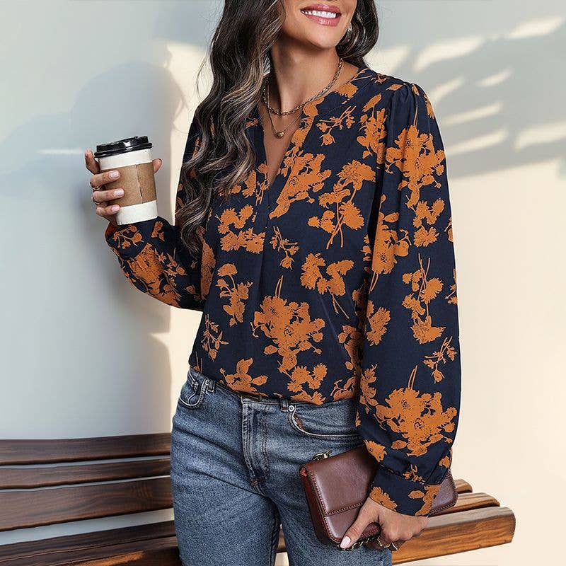 Navy with Floral Long-sleeved Pullover Printed Blouse
