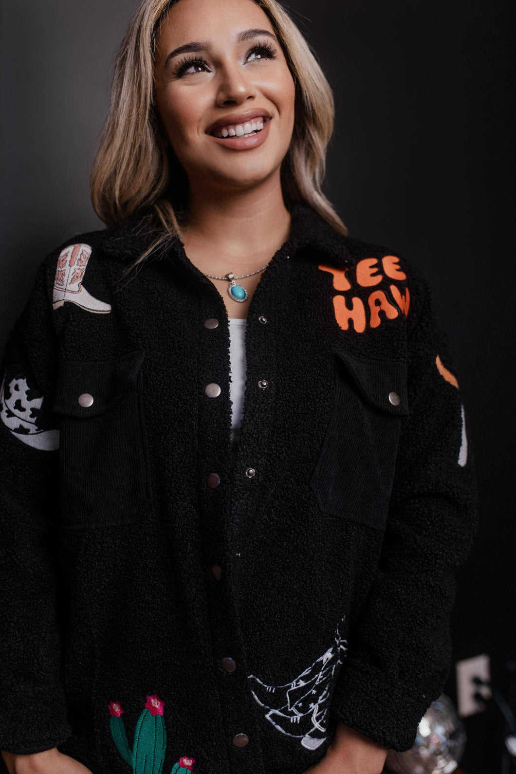 Oversize Sherpa Embroidery Jacket - BLACK