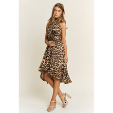 Load image into Gallery viewer, SOFT SATIN ANIMAL PRINT HALTER NECK HIGH LOW HEM MIDI DRESS
