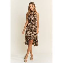 Load image into Gallery viewer, SOFT SATIN ANIMAL PRINT HALTER NECK HIGH LOW HEM MIDI DRESS
